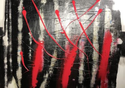 Abstraktes Acrylbild Einfach sein. Das fertige Bild, noch nicht ganz getrocknet, mit Kunstlicht aufgenommen