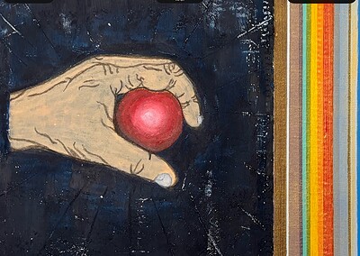 Die linke Hand, die den Ball festhält mit dem Zwischenraum