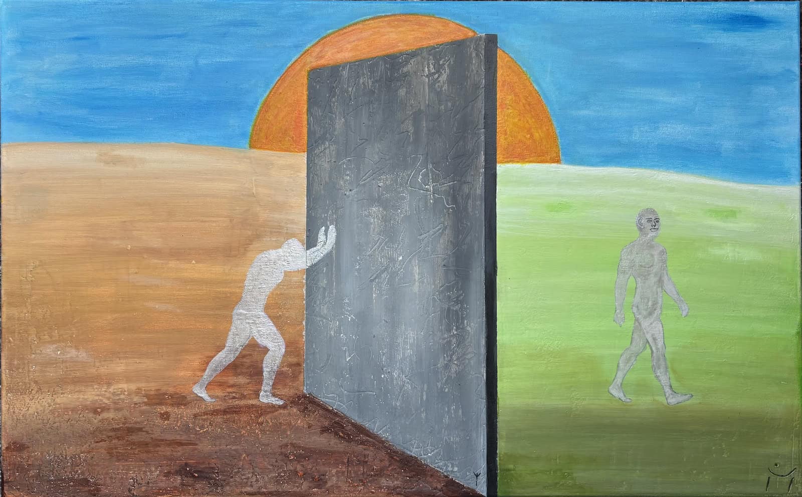 Das Bild Widerstand loslassen von Peter Vincent Merlinori mit zwei Figuren und einer Betonmauer als Symbol für Akzeptanz und Veränderung.