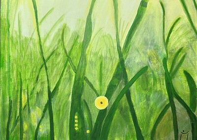 Acrylbild „Im Licht“ von Merlinori – abstrakte Graslandschaft mit leuchtendem Lichtpunkt und verschiedenen Grüntöne