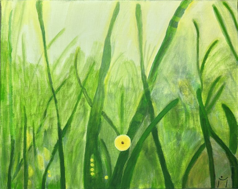 Acrylbild „Im Licht“ von Merlinori – abstrakte Graslandschaft mit leuchtendem Lichtpunkt und verschiedenen Grüntöne