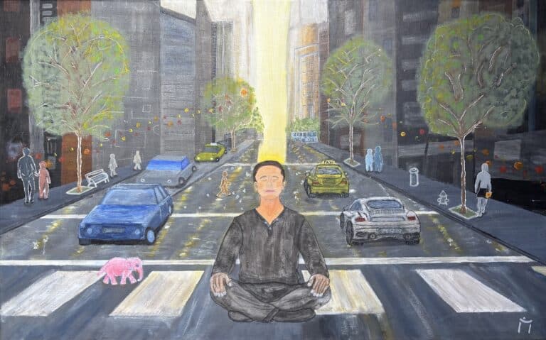 Das Bild Kontrolle loslassen: Das Acrylgemälde zeigt eine Stadtlandschaft. Gebäude, Straßenschlucht, Perspektive, Licht, Autos, Menschen. Einen Meditierenden und den rosa Elefanten.