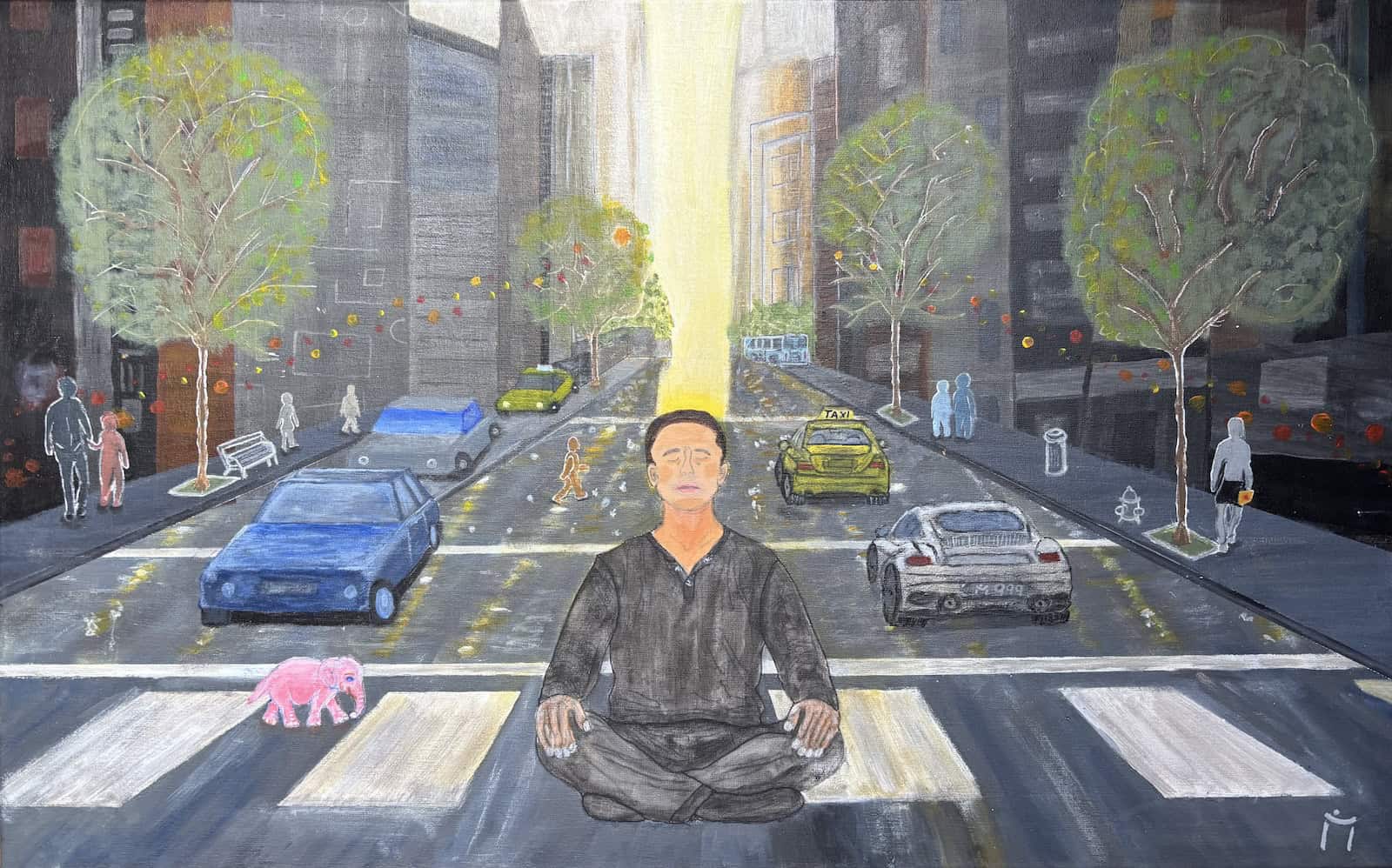 Das Bild Kontrolle loslassen: Das Acrylgemälde zeigt eine Stadtlandschaft. Gebäude, Straßenschlucht, Perspektive, Licht, Autos, Menschen. Einen Meditierenden und den rosa Elefanten.