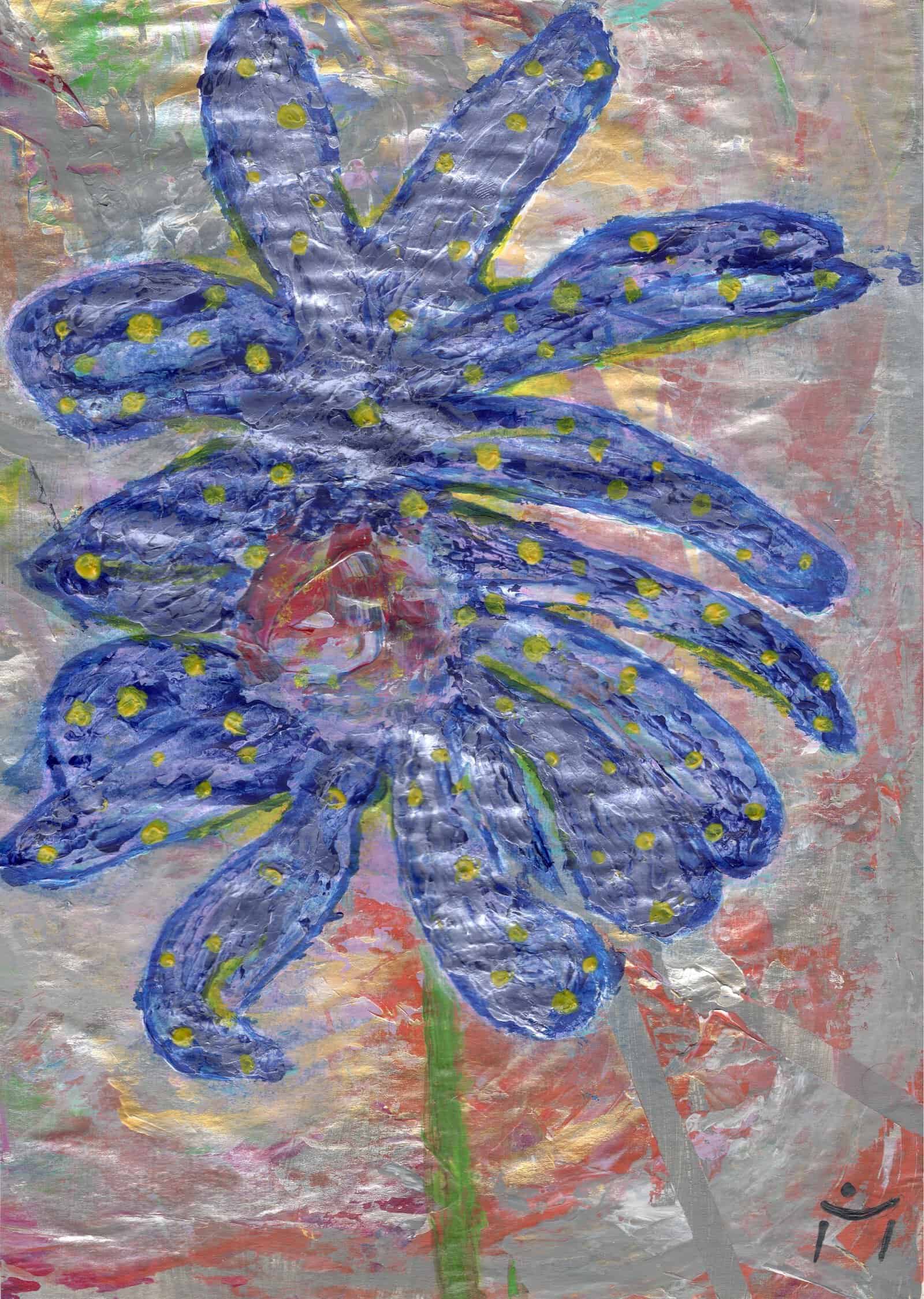 Blütenkraft – Bild 35 – Titelbild Blütenkraft: Abstrakte Blüte in Blau und Violett mit silbernen Lichtreflexen und goldenen Punkten auf vielschichtigem Hintergrund.